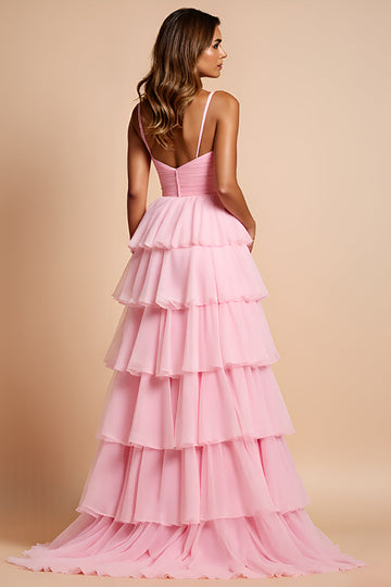 Rodnande Rosa Spaghetti Straps Tiered Lång Prom Klänning Med Ruffles